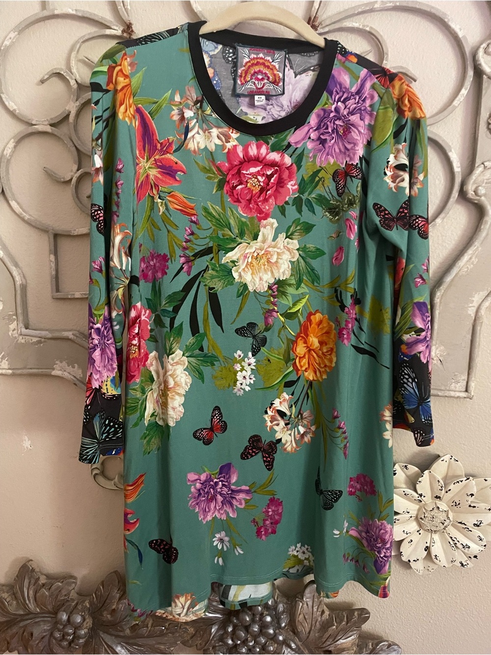 Johnny Was Teal Floral Butterfly Tunic